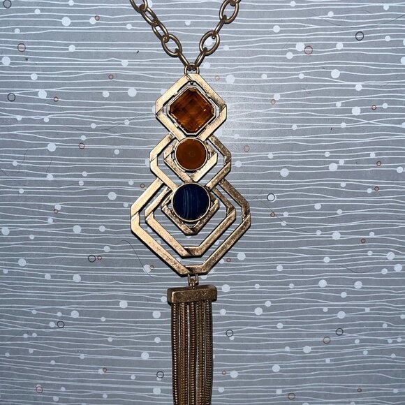 Mia 22” Pendant Necklace Tri Colored Gems & Earrings Gold Fringe - Picture 8 of 11